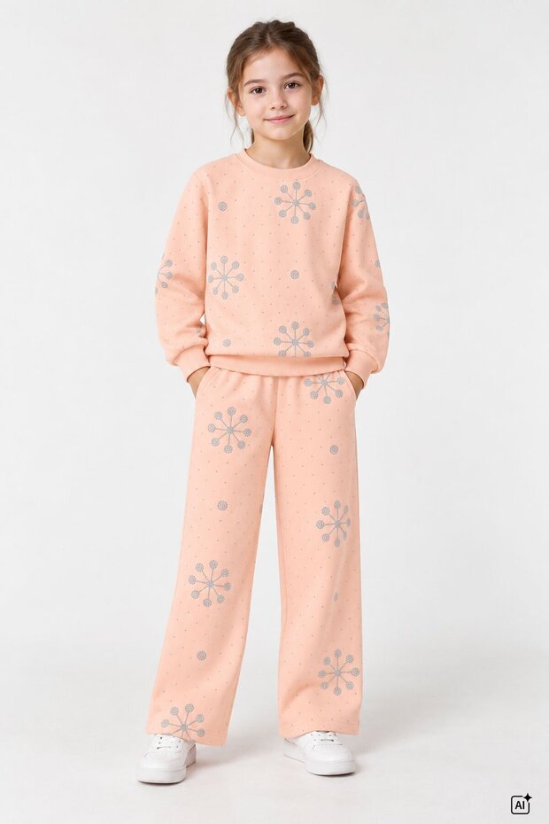 Salmon Girls' Sequin Patterned Crew Neck Wide Leg Tracksuit Set 25034