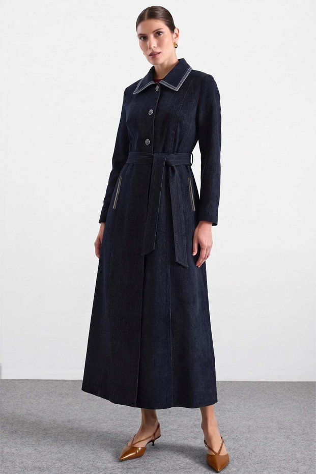 Soft Touch Large Size Overcoat with Handkerchief Collar Embroidery Detail Dark Blue 6925