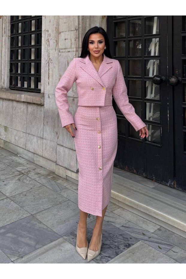 Women's Chanel Fabric Buttoned Blouse and Skirt Two-Piece Set