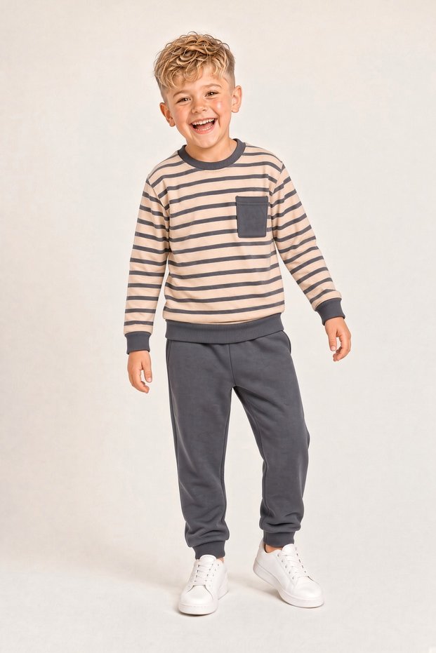 Striped Model 3 Threaded Compact Inner Cotton Ribbed Boys' Set