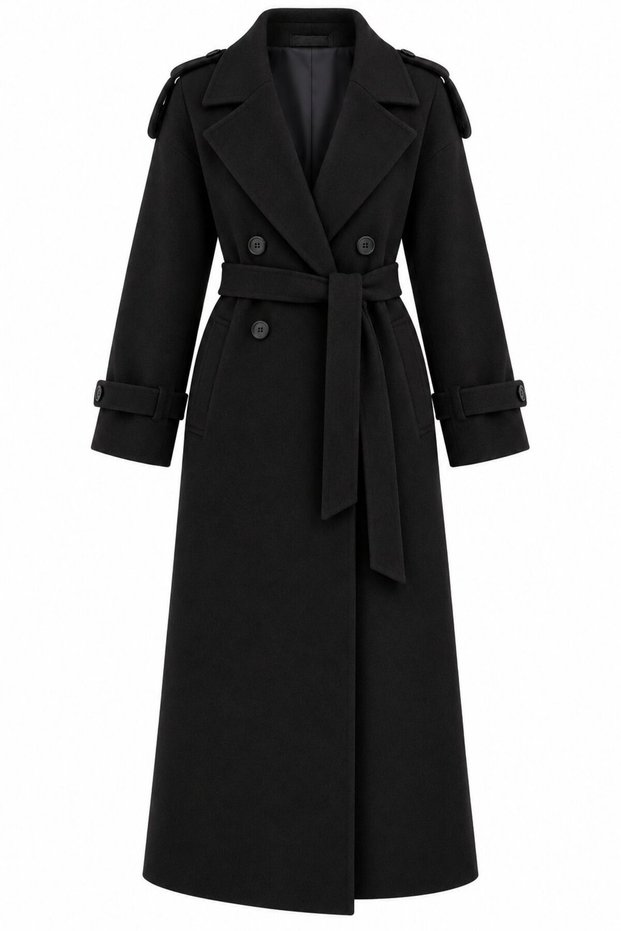 Black Epaulet Belted Coat - 6047