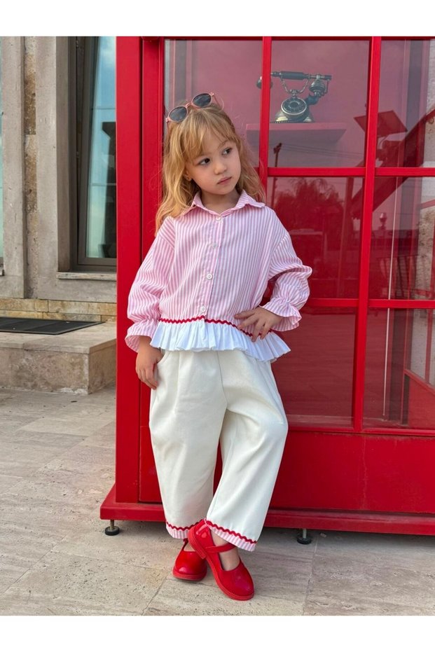 Girl's Pink Striped Ruffle Shirt and Ecru Wide-Leg Pants 2-Piece Set