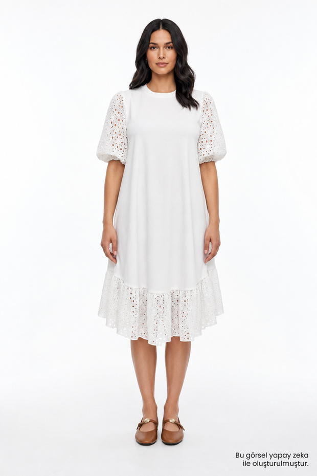 Crew Neck Embroidered Balloon Sleeve Midi Dress