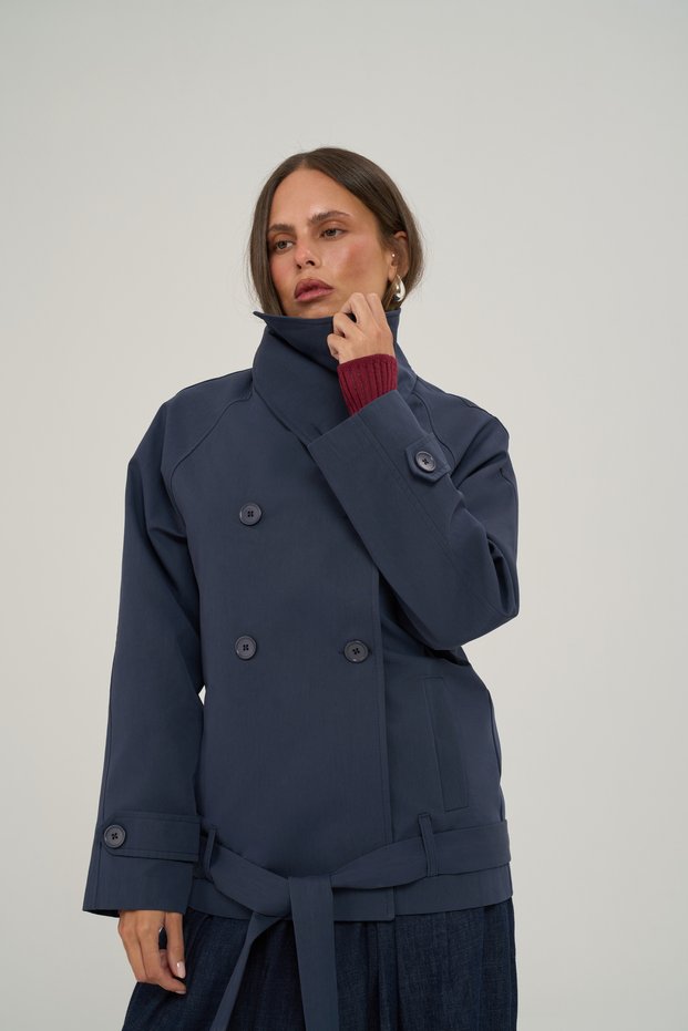 Malta Belted Navy Blue Short Trench Coat
