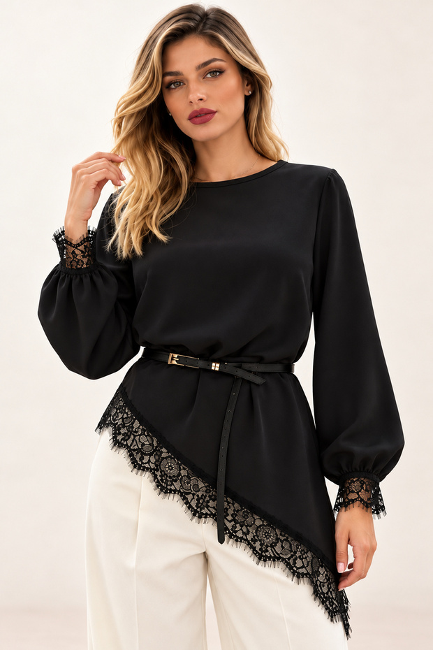 Women's Long Sleeve Crew Neck Asymmetrical Lace Detailed Long Imported Hijab Crepe Tunic - Timeless Elegance and Modern Chic