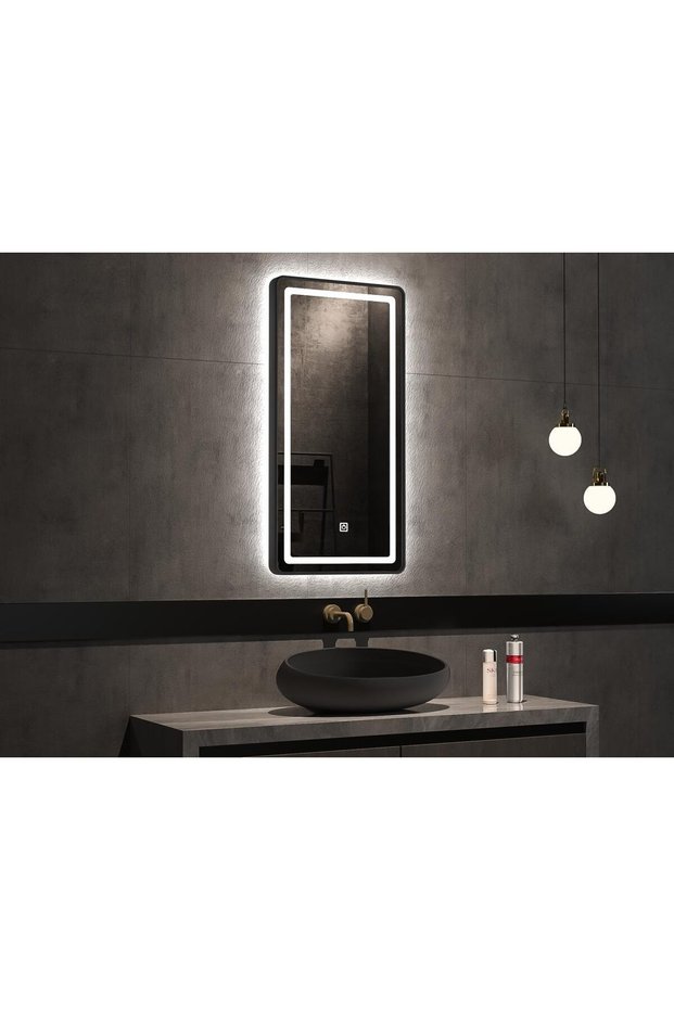 مرآة حائط LED بإطار ألومنيوم أسود مقاس 60×120 سم