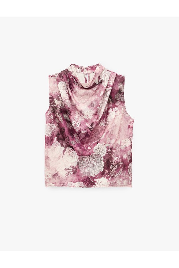 Slim Fit Draped High Neck Sleeveless Floral Satin Blouse