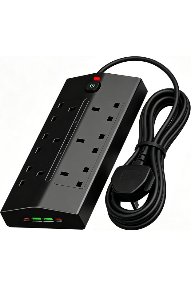 شريط طاقة كهربائي، سلك تمديد بـ 10 مقابس بريطانية ومنافذ USB A وC، بطول 2 متر، 15 وات °