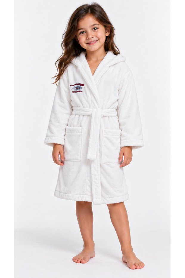100% Cotton Hoodless Girl's Bathrobe – White Swimmer (Age 6)