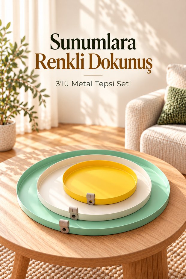 Set of 3 Round Metal Trays, Colorful Presentation and Serving Tray Set with Leather Handles (43 cm / 33 cm / 23 cm)
