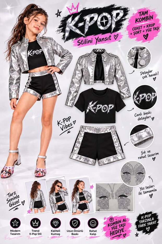 Kpop Huntrix Rumi Mira Zoey Costume - Leather Jacket - Shorts - Crop T-Shirt - Face Stone 4-Piece Set Birthday Party Wedding Girl Kids Jacket