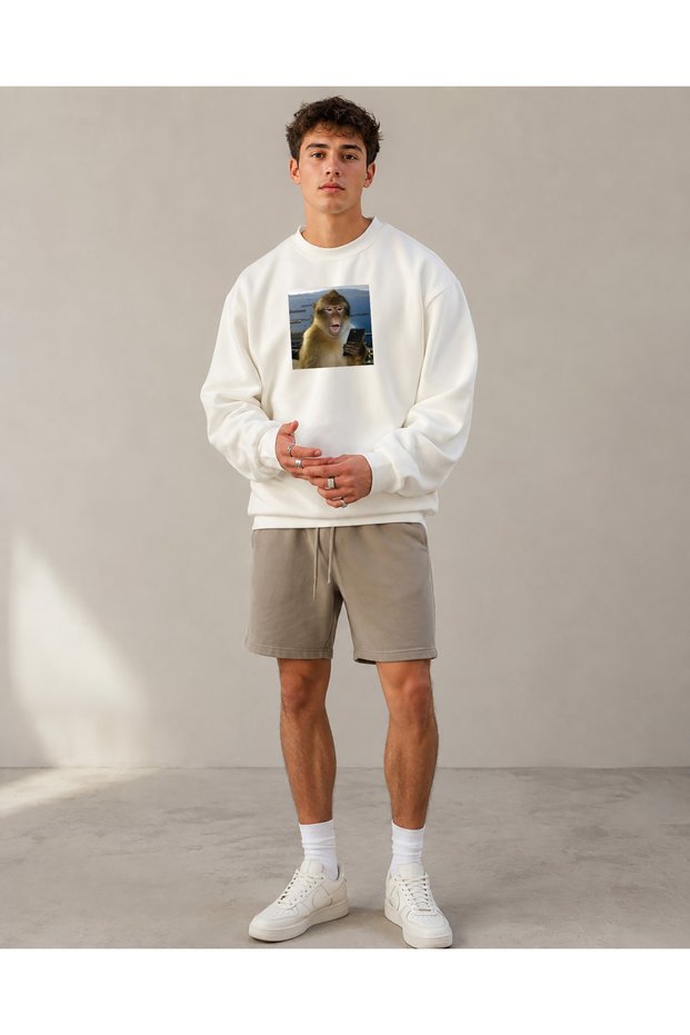 Monkey Facing the Phone Humorous Printed Oversize 3 Thread Crew Neck (S/M - M/L)