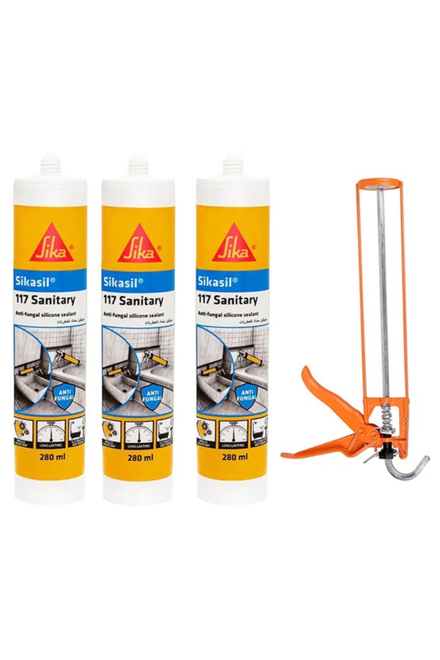 3 pcs Sika 117 Silicone Sealant with Heavy Duty Metal Gun-Anti-fungal Silicone for Bathroom Applications