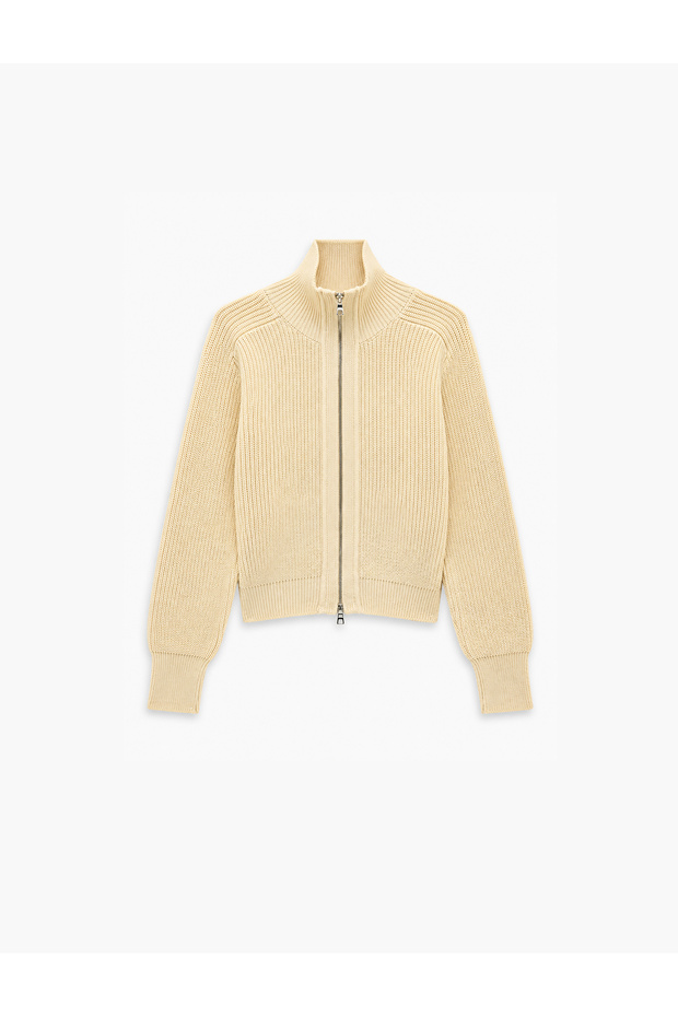 Long Sleeve High Collar Textured Zippered Knitwear Cardigan