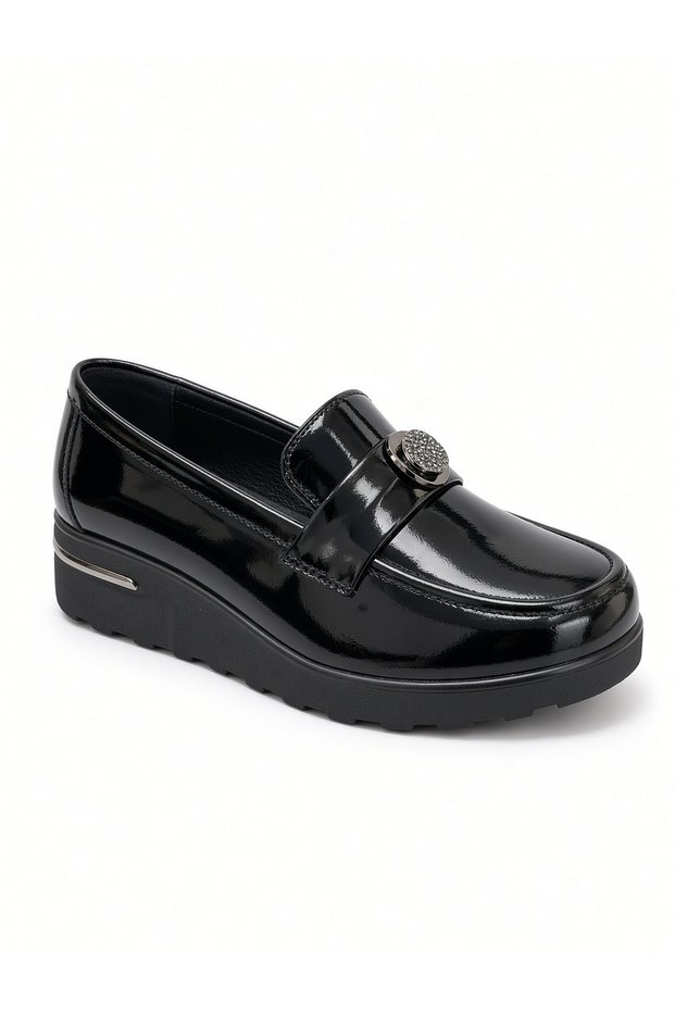 Lumina Genuine Leather Platform Loafer – Stone Buckle, 4 cm Heel, Lightweight and Comfortable