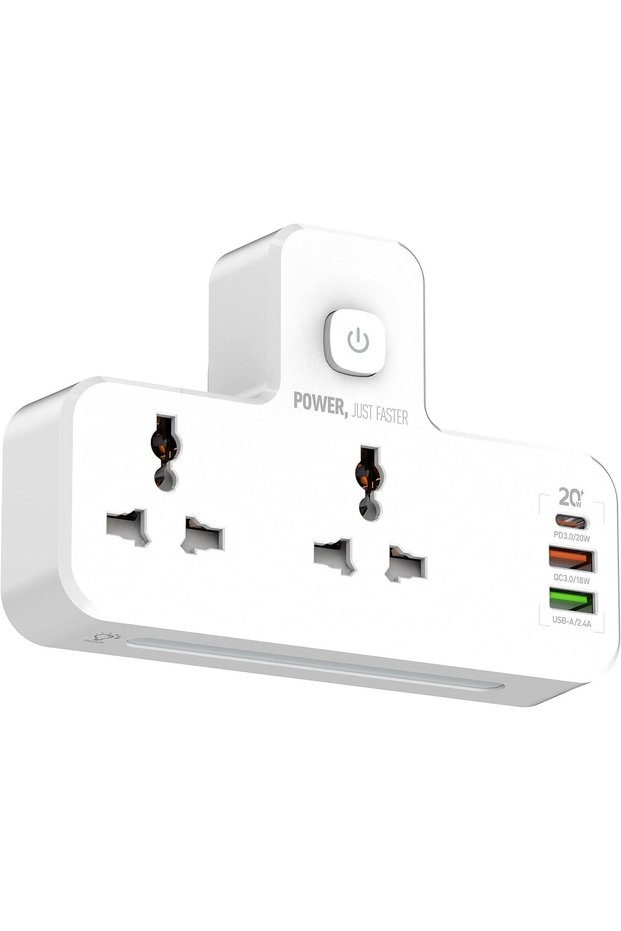 محول طاقة متعدد المنافذ مع منفذ USB-A بقدرة 20 واط وتقنية QC3.0، موسع مقبس كهربائي مزدوج W