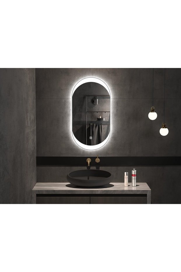 مرآة حائط LED كبسولية بإطار من الألومنيوم الفضي مقاس 55×120 سم