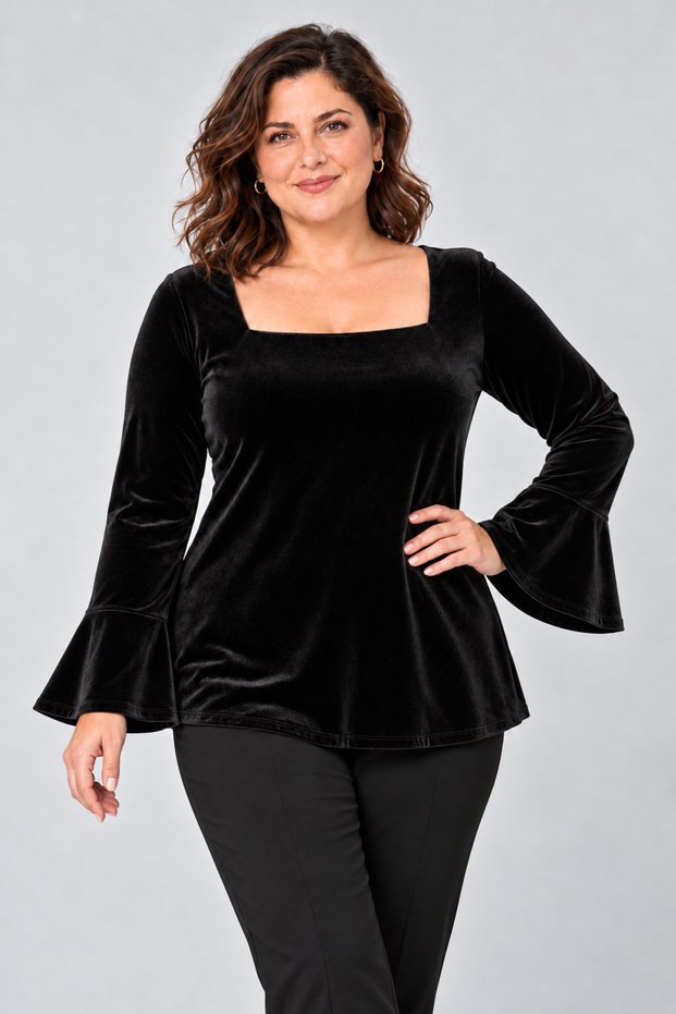 Plus Size Square Neck Flounce Sleeve Velvet Blouse