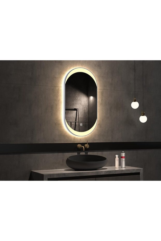 مرآة حائط LED كبسولية بإطار ألومنيوم ذهبي 55×120 سم