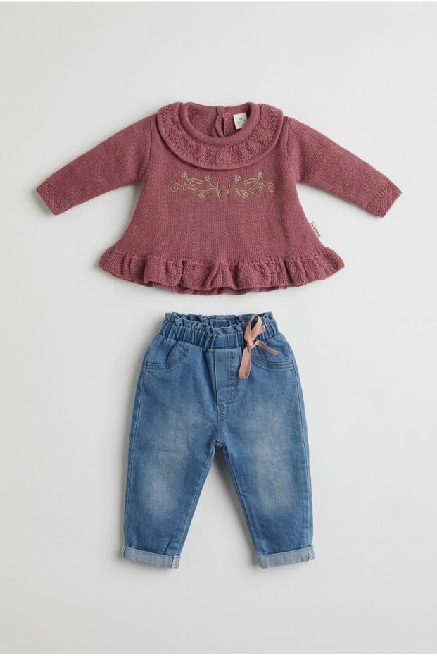 Baby Girl Floral Embroidered Ruffle Trim Knit Sweater and Jean Pants Set