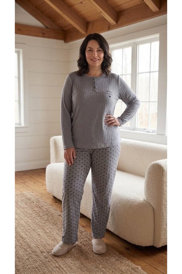 Women's Plus Size Winter Embroidered Patterned Long Sleeve Home Pajama Set