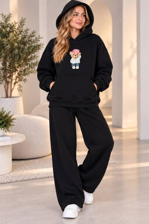 Printed Hoodie with Pocket Detail Printed Bottom and Top Tracksuit-Hoodie Sweatshirt Set Oversize Model