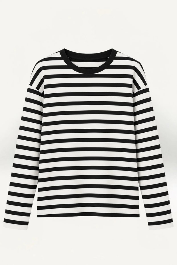 Women's Crew Neck Thin Striped Black and White Oversize Soft Textured Knitwear Blouse