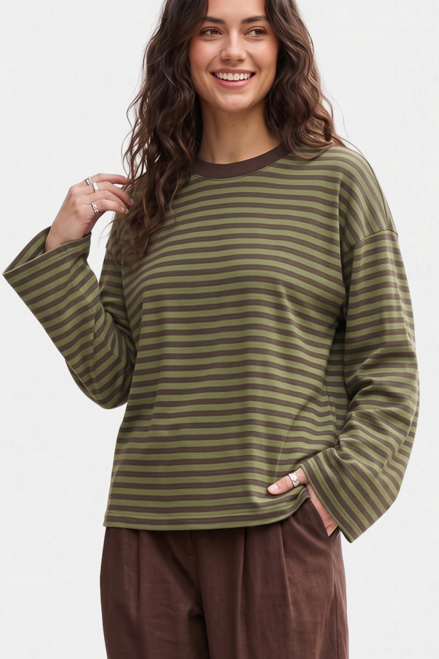 Women's Khaki Brown Striped 100% Cotton Crew Neck Oversize Sweatshirt