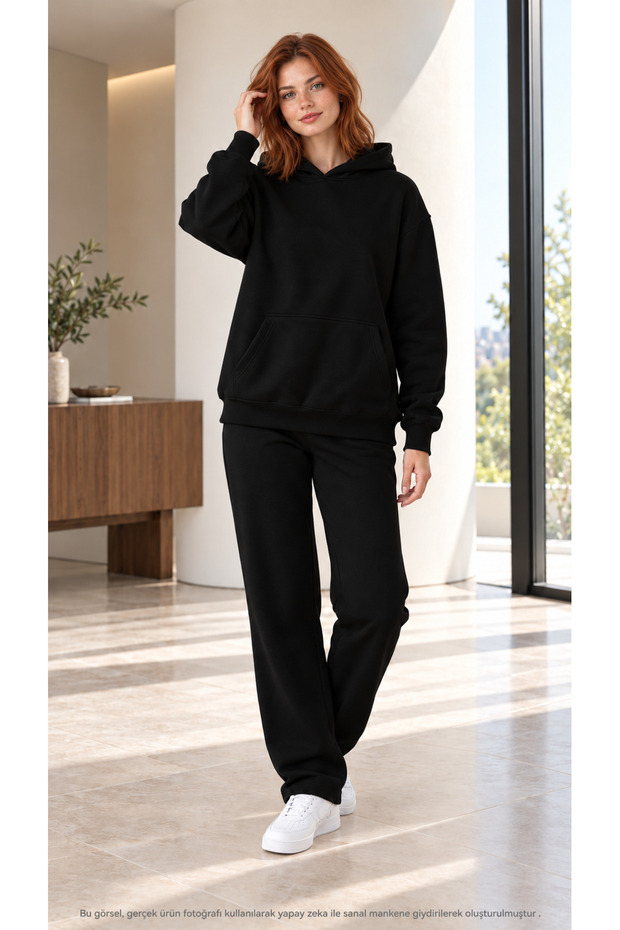 Women's Plain Hooded Tracksuit Set - Oversized Sweatshirt with Kangaroo Pockets and Spanish Leg Sweatpants Set