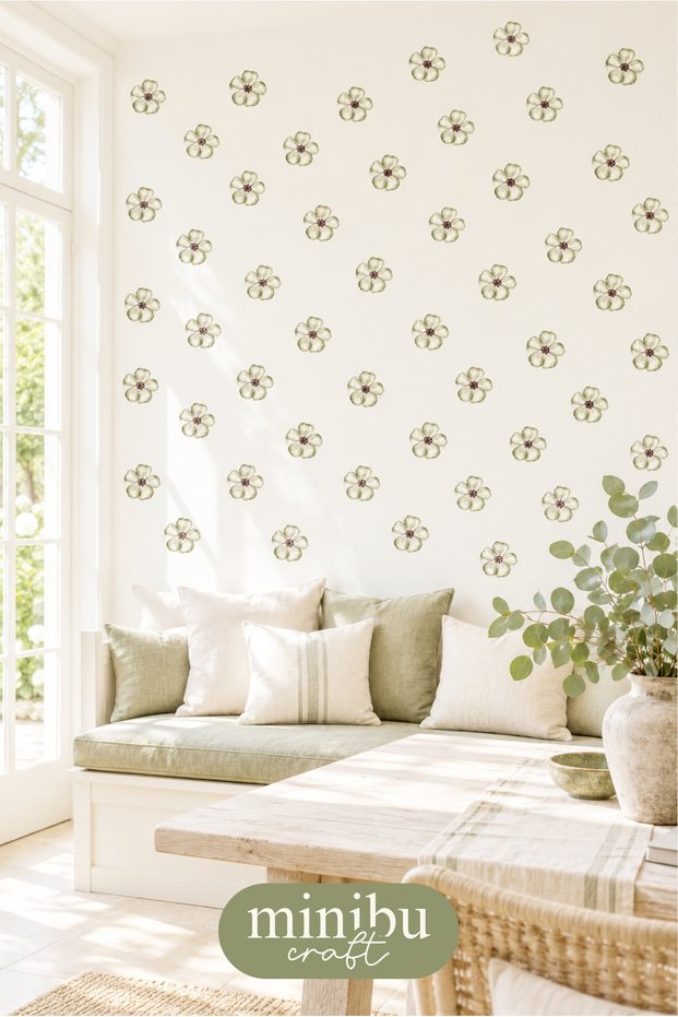 Olive Green Mini Flowers 49 Pieces Modern Wall Sticker Set Mnb-118