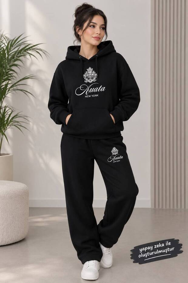 Printed Hoodie with Pocket Detail Printed Bottom and Top Tracksuit-Hoodie Sweatshirt Set Oversize Model