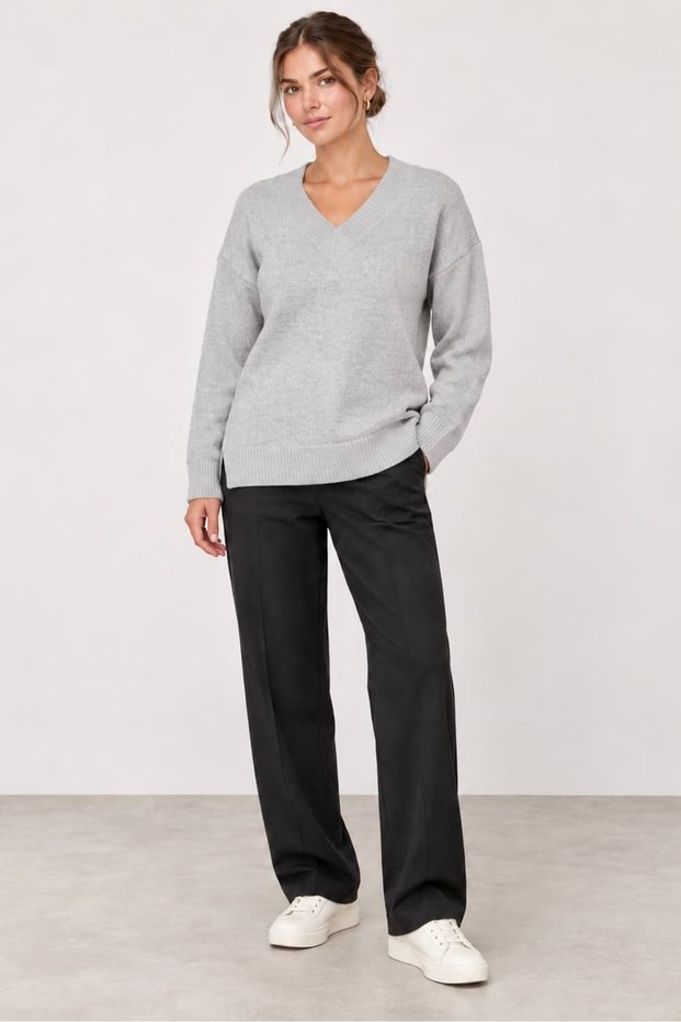 Women's V-Neck Soft Textured Side Slit Knitwear Sweater My4535