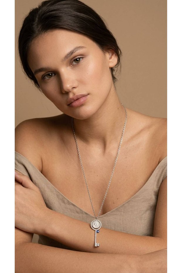 Zircon Stone Worked Steel Key Women's Necklace