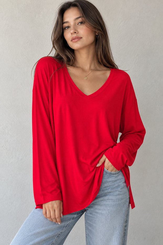 Women's V-Neck Viscose Loose Long Sleeve Side Slit Blouse