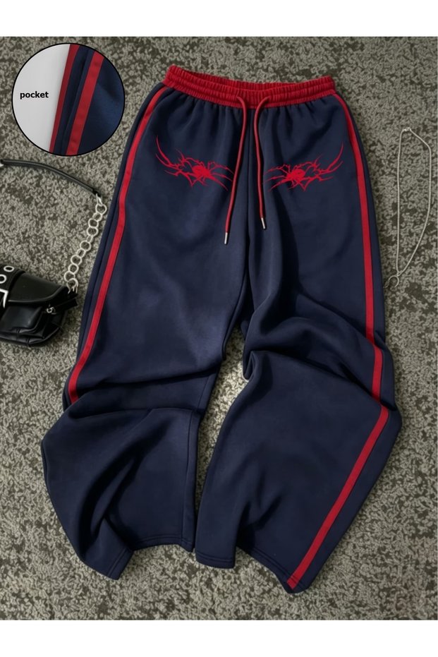 Navy Blue Red Striped High Grunge Printed Oversized Sweatpants