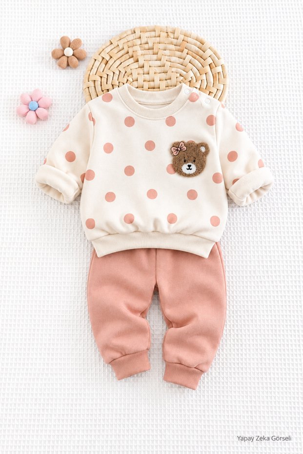 Baby Girl Teddy Bear Embroidered Polka Dot 2-Piece Set 100% Cotton Combed Cotton 3-18 Months