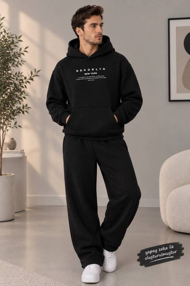 Printed Hoodie with Pocket Detail Printed Bottom and Top Tracksuit-Hoodie Sweatshirt Set Oversize Model