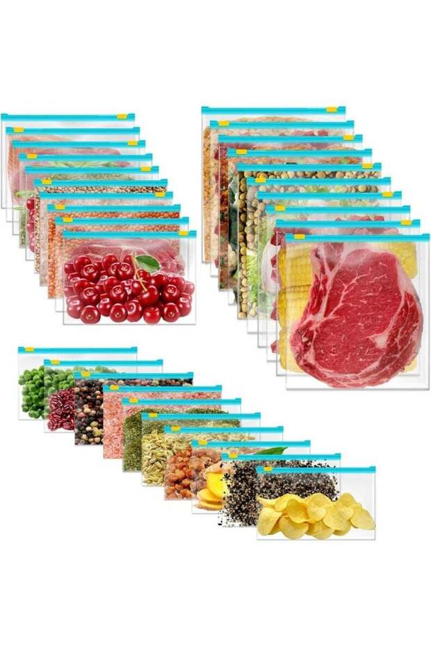 Horizon 30 Piece Reusable Food Storage Bags or Plastic bags with Cleanable Ziplock Bags for Kitchen
