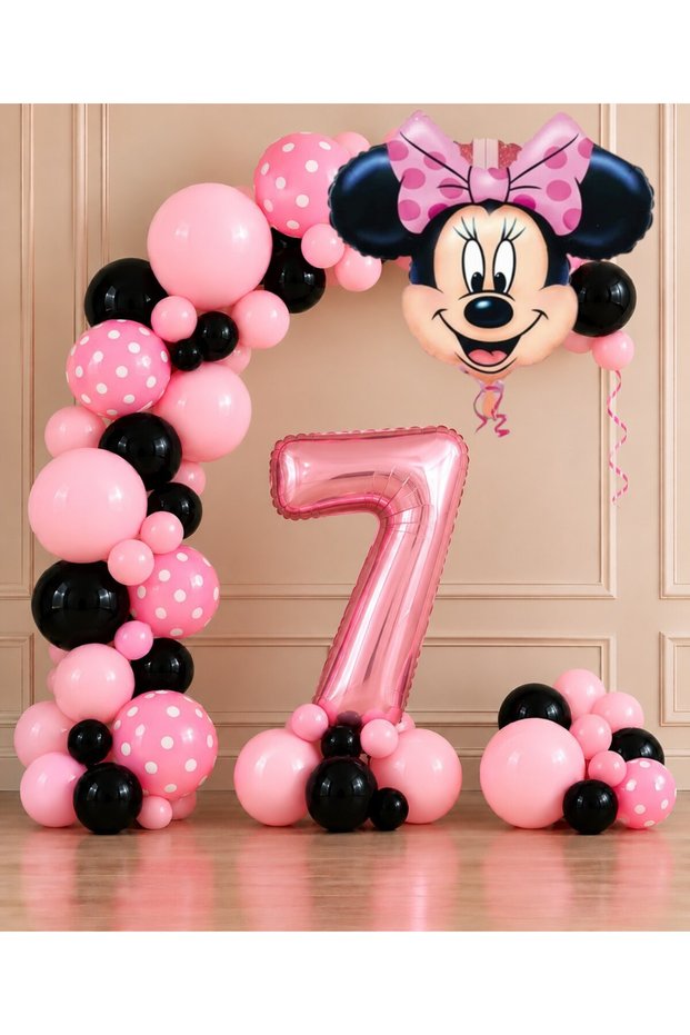 Party 7 Years Old Minnie Mouse Themed Birthday Balloon Set Pink Black Polka Dot Number Foil Balloon 1-9 Years Old