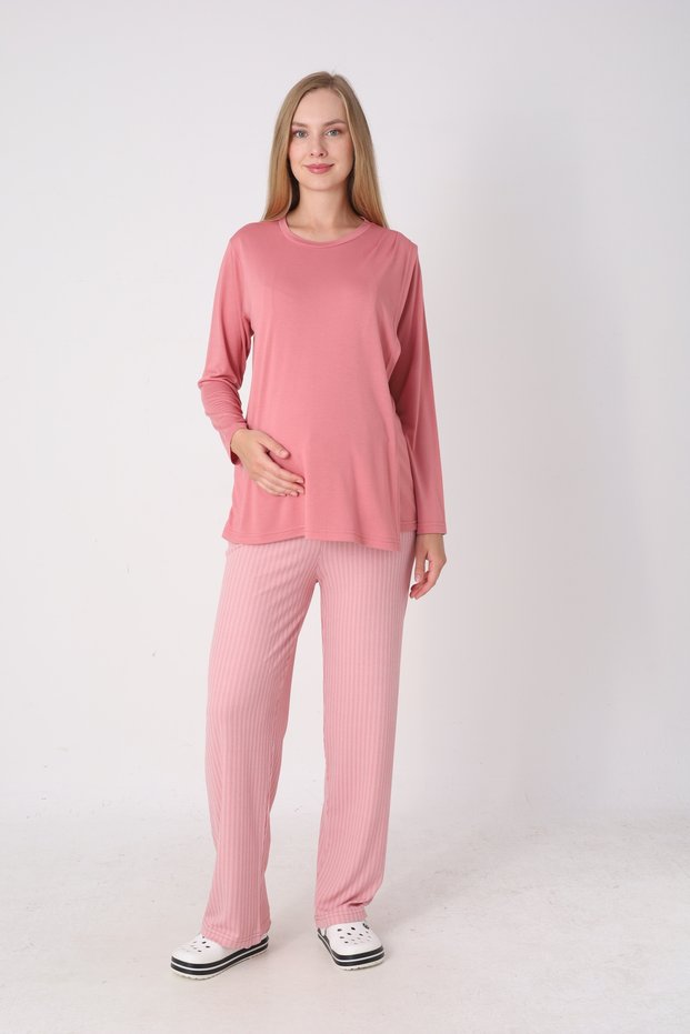 Women's Adjustable Waist Drawstring Maternity & Postpartum Pajama Set Ribbed Home Wear Set