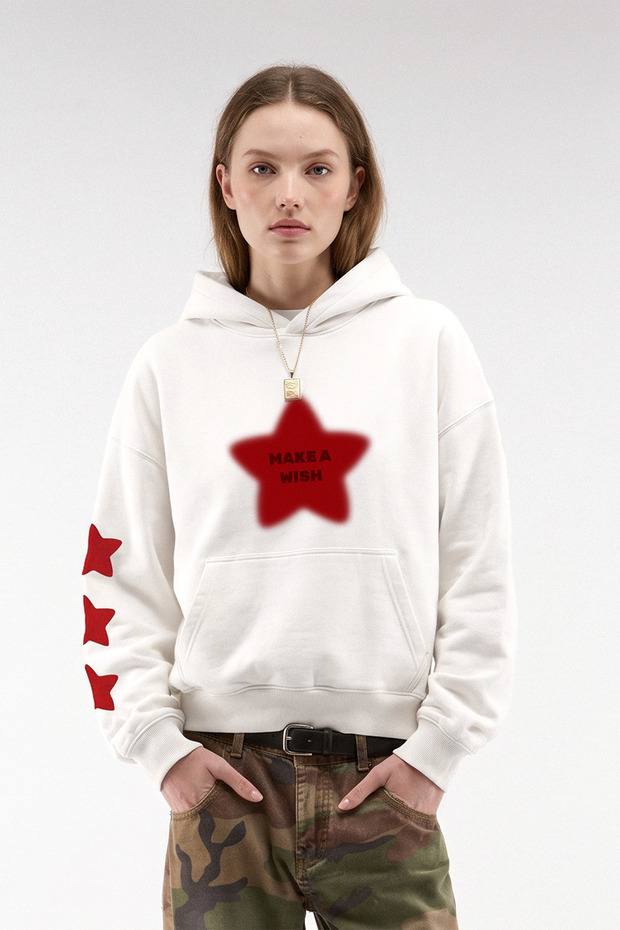 Oversize Sweatshirt Unisex Ecru Hooded with Make a Wish Star Print