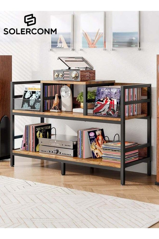 Solerconm Multifunctional Cabinet,3 Tier Living Room Cabinet with Storage,Record Player Stand with M
