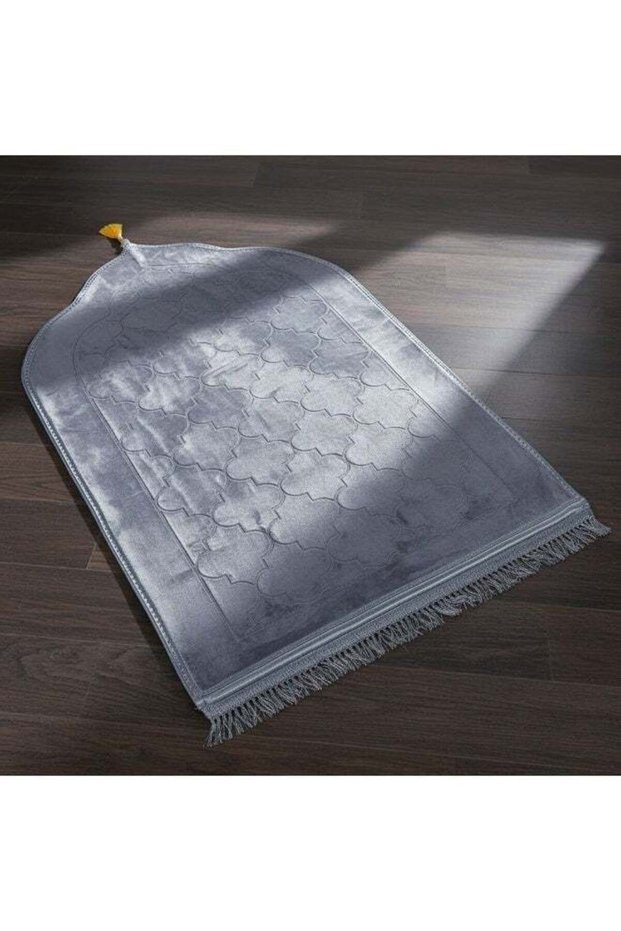 Fabienne Embossed Prayer Mat Grey 80x120cm Large Size Anti-Slip Velvet Top Thick Padded Prayer Rug N