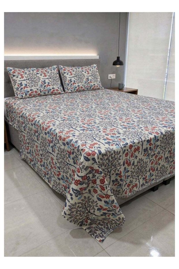 RISHAHOME King size Cotton Blend Flat Bedsheet Set 144 Thread Count Tree Floral Design 220x240 cm