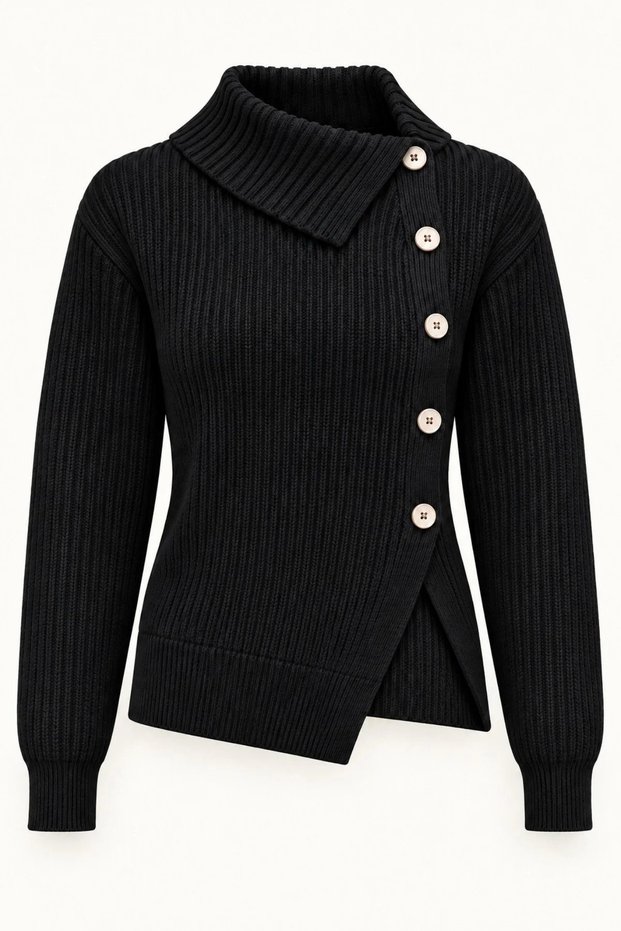 Women's Black Asymmetrical Collar Side Buttoned Ribbed Knit Sweater