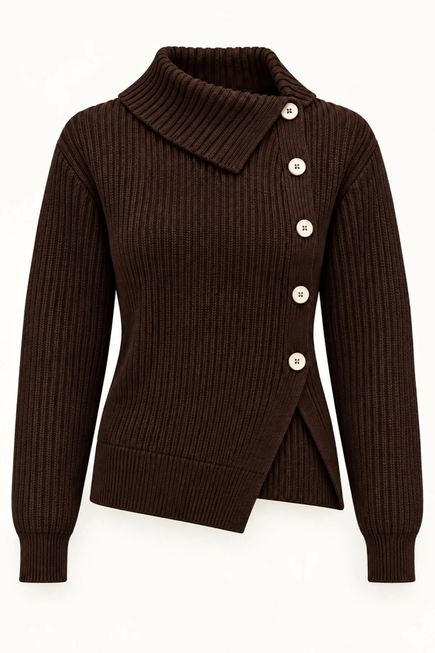 Women's Bitter Brown Asymmetrical Collar Side Buttoned Ribbed Knit Sweater