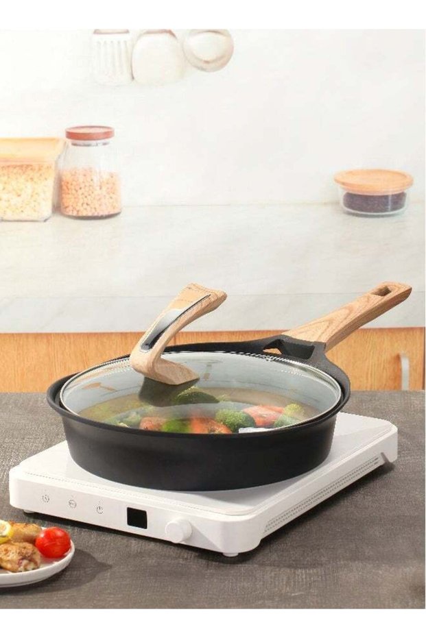 ESLITE LIFE Deep Frypan 20 cm Nonstick with Lid and wooden spatula | Aluminum | Non-stick Ceramic co