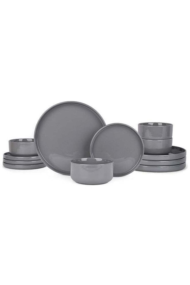 Ollieroo 12 piece Stoneware Dinnerware Set, Set for 4, Microwave & Dishwasher Safe, Glossy Dark Grey