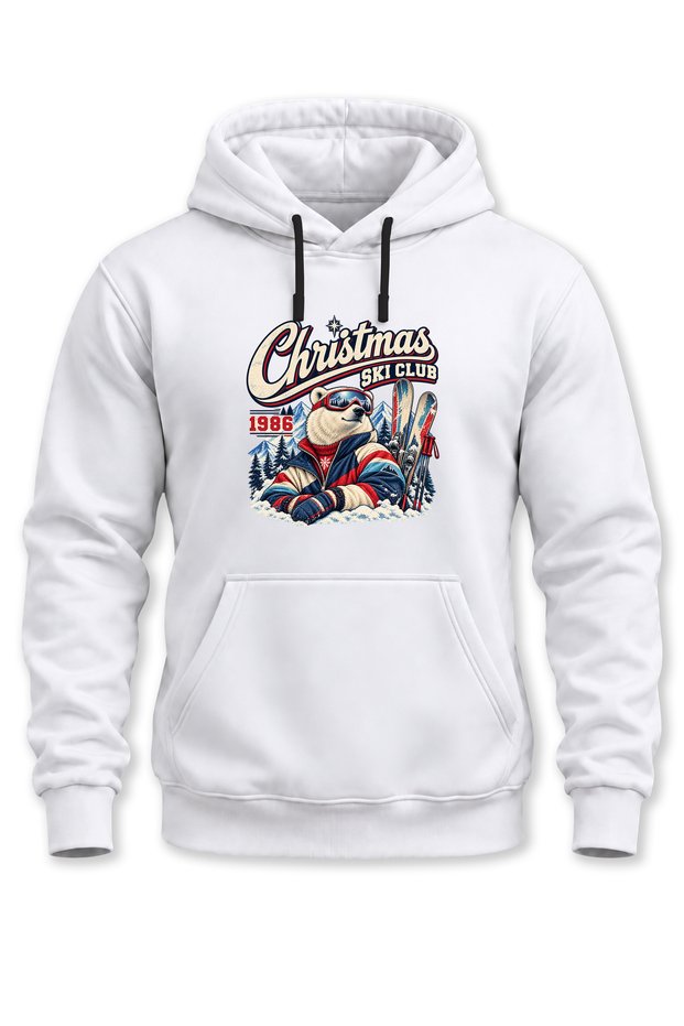 Unisex New Year's Themed Christmas Ski Club 1986 Polar Bear Printed Hooded Sweatshirt Hoodie