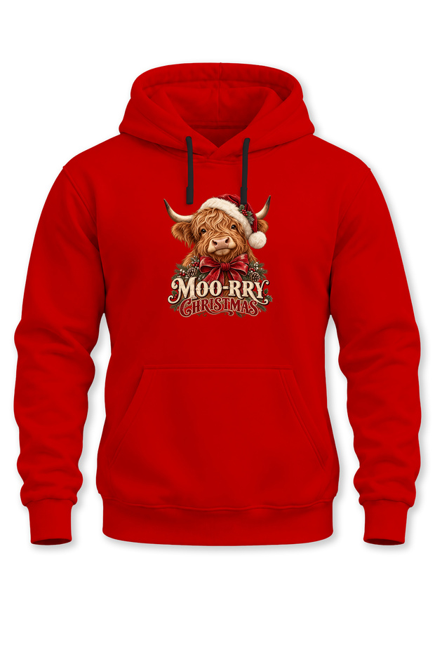 Unisex Christmas Themed Highland Cow Moo-Rry Christmas Printed Hooded Sweatshirt Hoodie